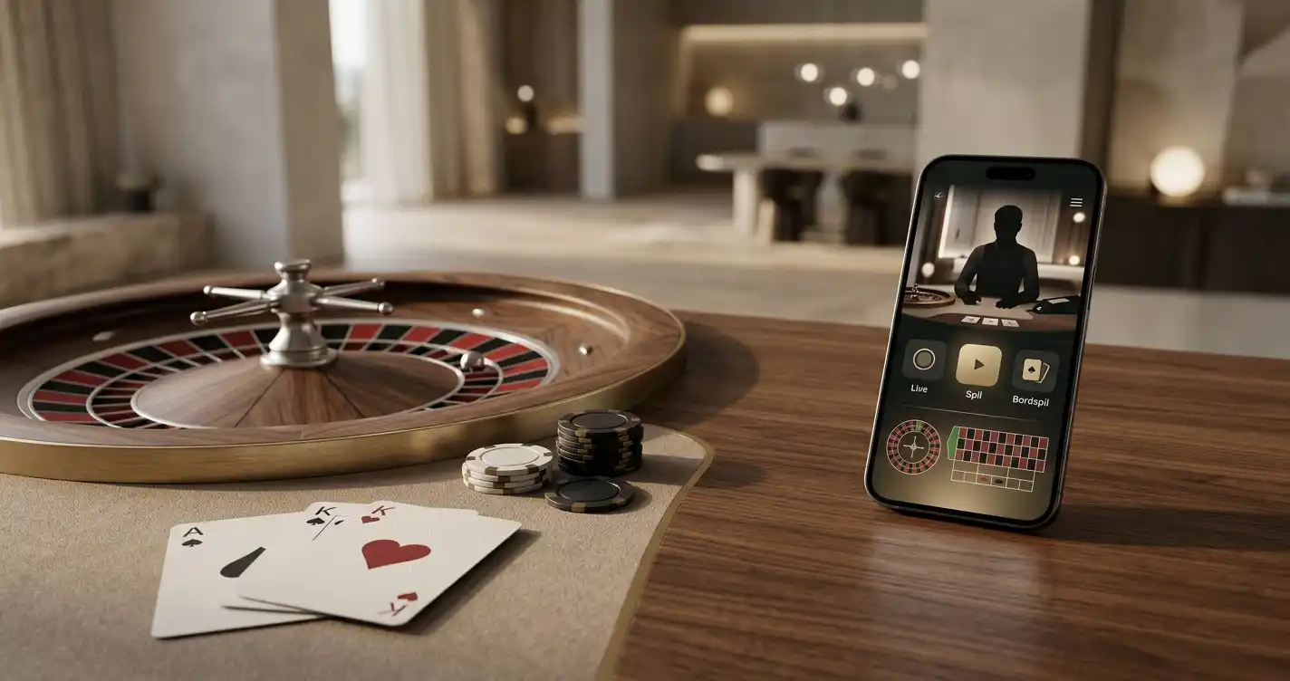 Illustration af live roulette, blackjack og baccarat med dealer